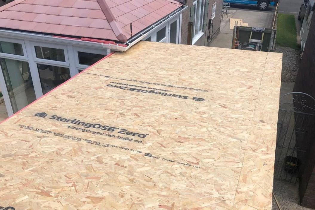 A flat roof with its new OSB deck laid, before the covering went on