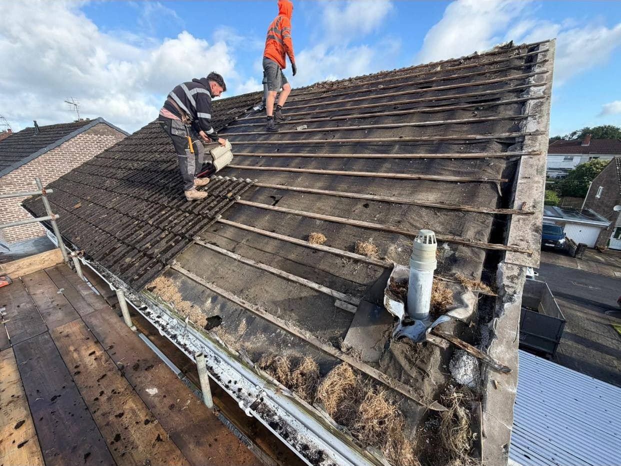 Two Midlands Roofing roofers stripping the old covering off a pitched roof